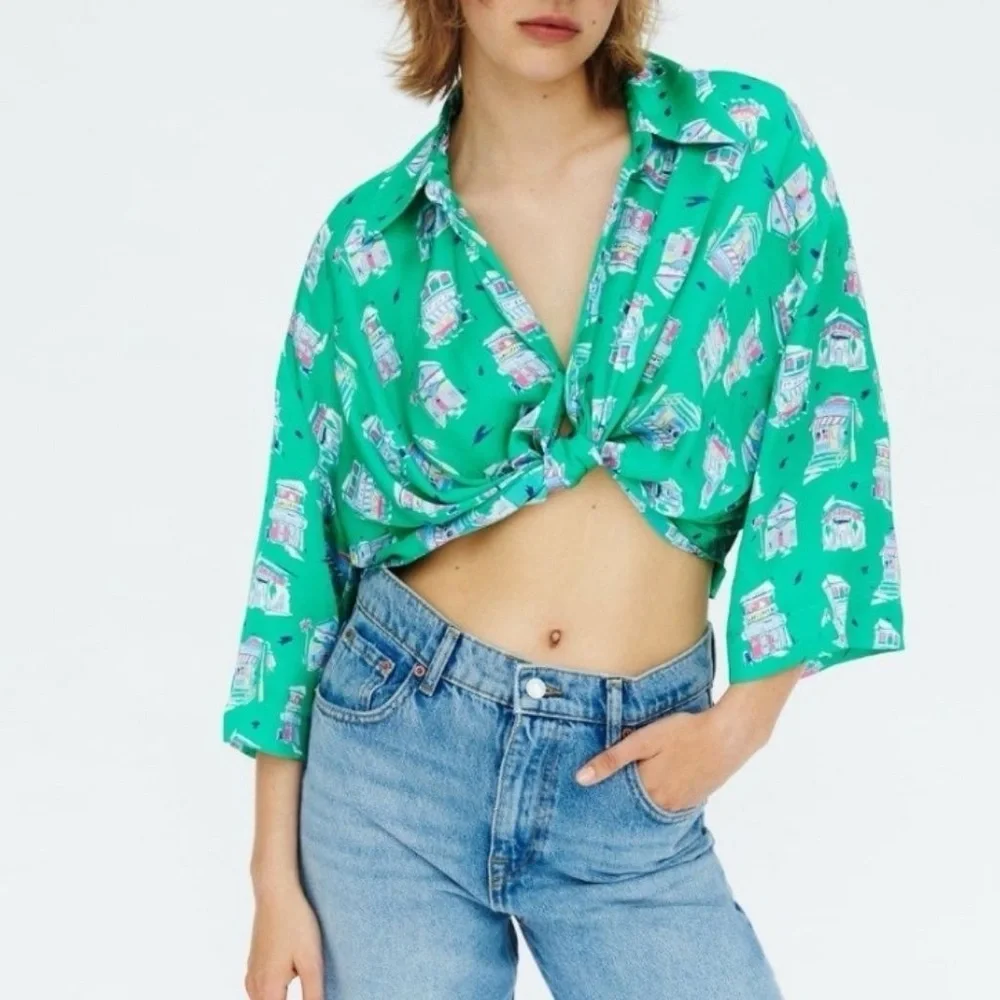 Zara Green Button Down Crop Top with Notched Collar - Picture 7 of 12